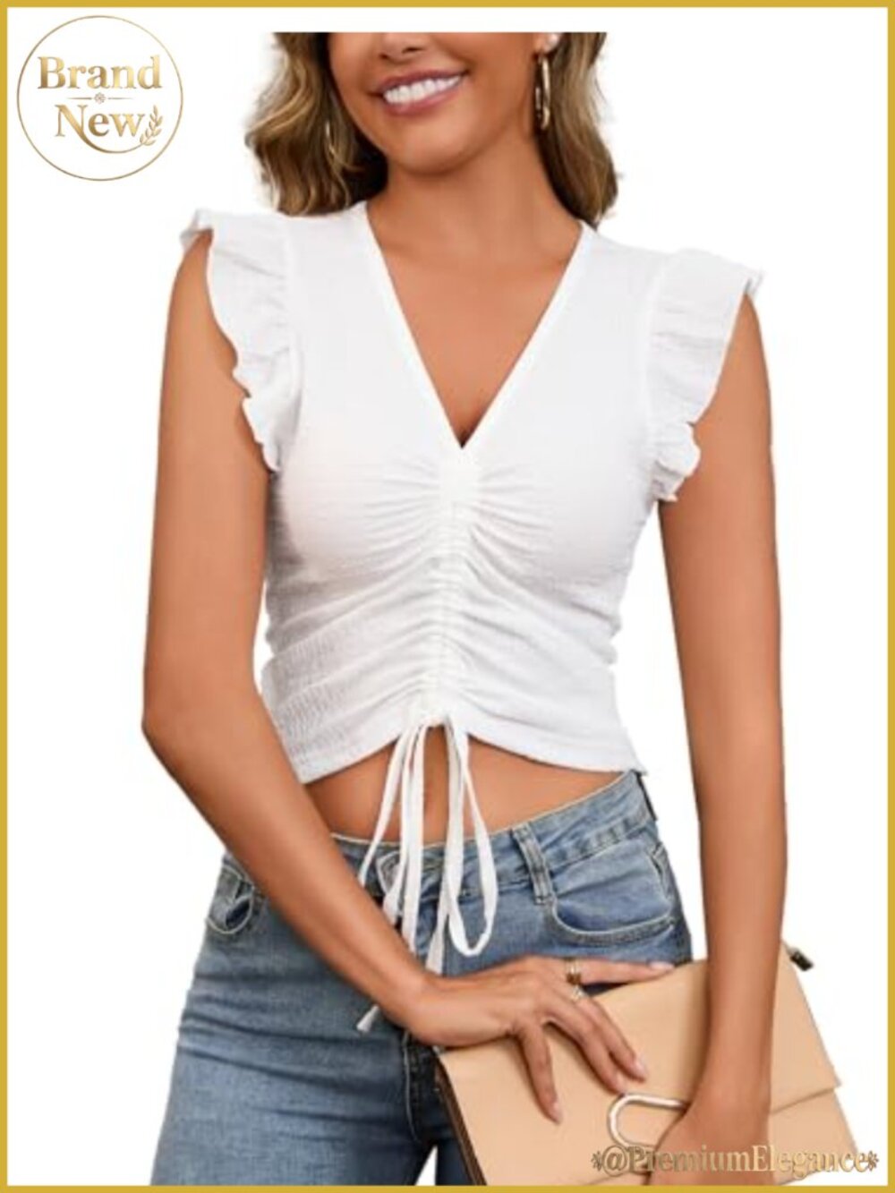 Women's Ruched Tank Top Peplum V Neck Cropped Drawstring Blouse